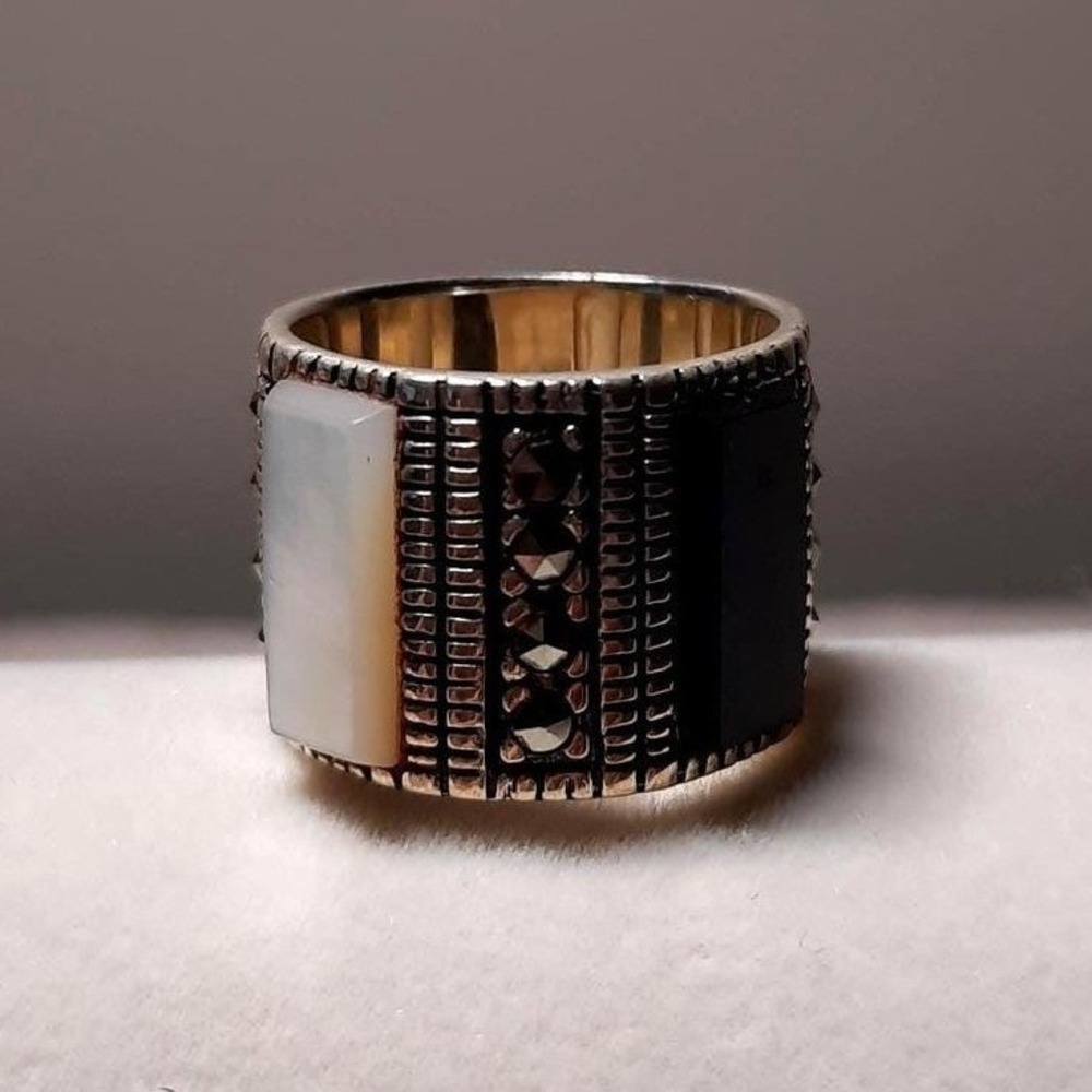 Marcasite mother of pearl ring cigar band sterling silver size 5 BOLD